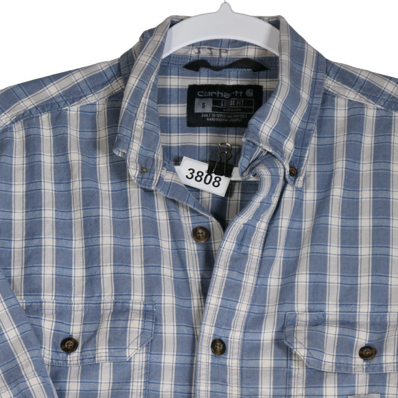 Carhartt Button Down Shirt Men Small Blue Plaid Loose Fit Cotton Flap Pockets - Picture 13 of 16
